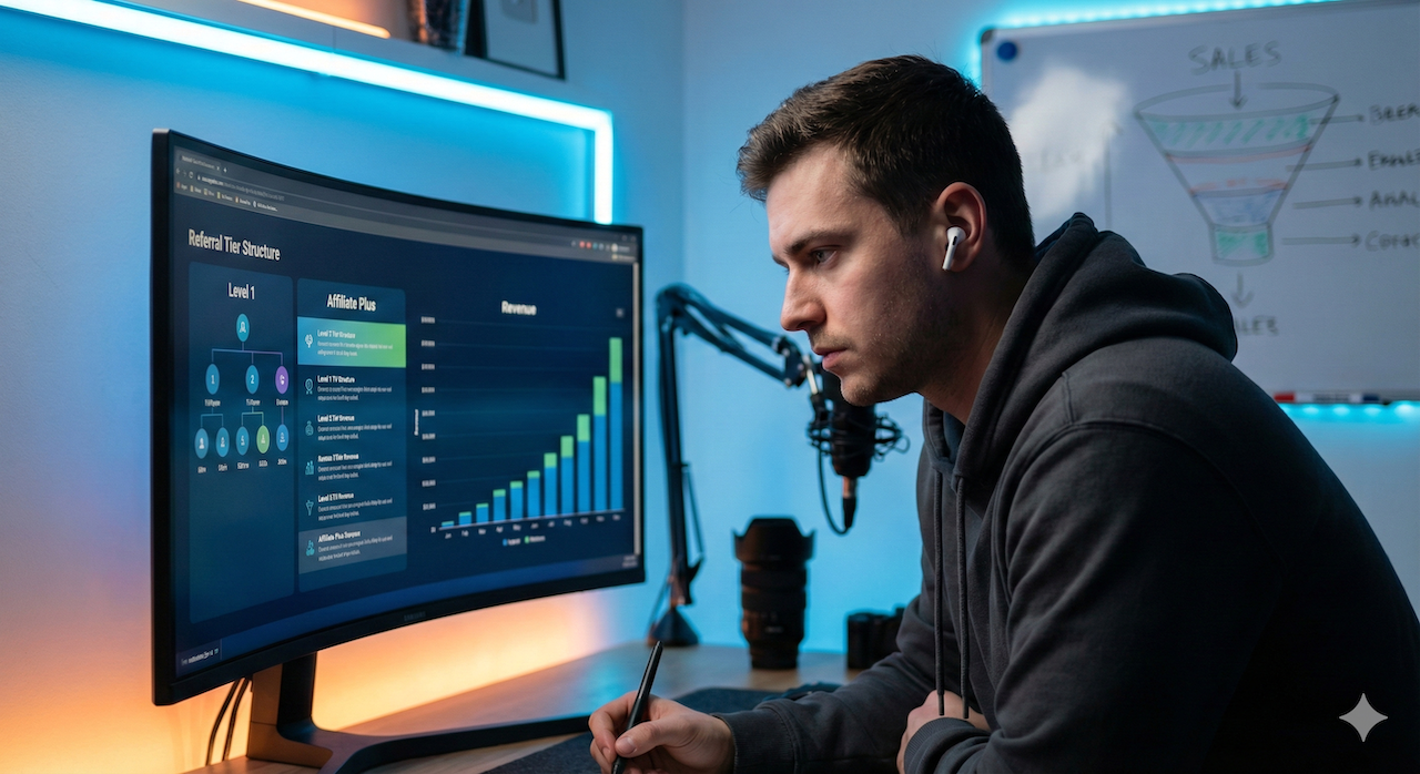 Diagram lub grafika przedstawiająca strukturę programu partnerskiego Fourthwall, w tym poziomy i system prowizyjny.