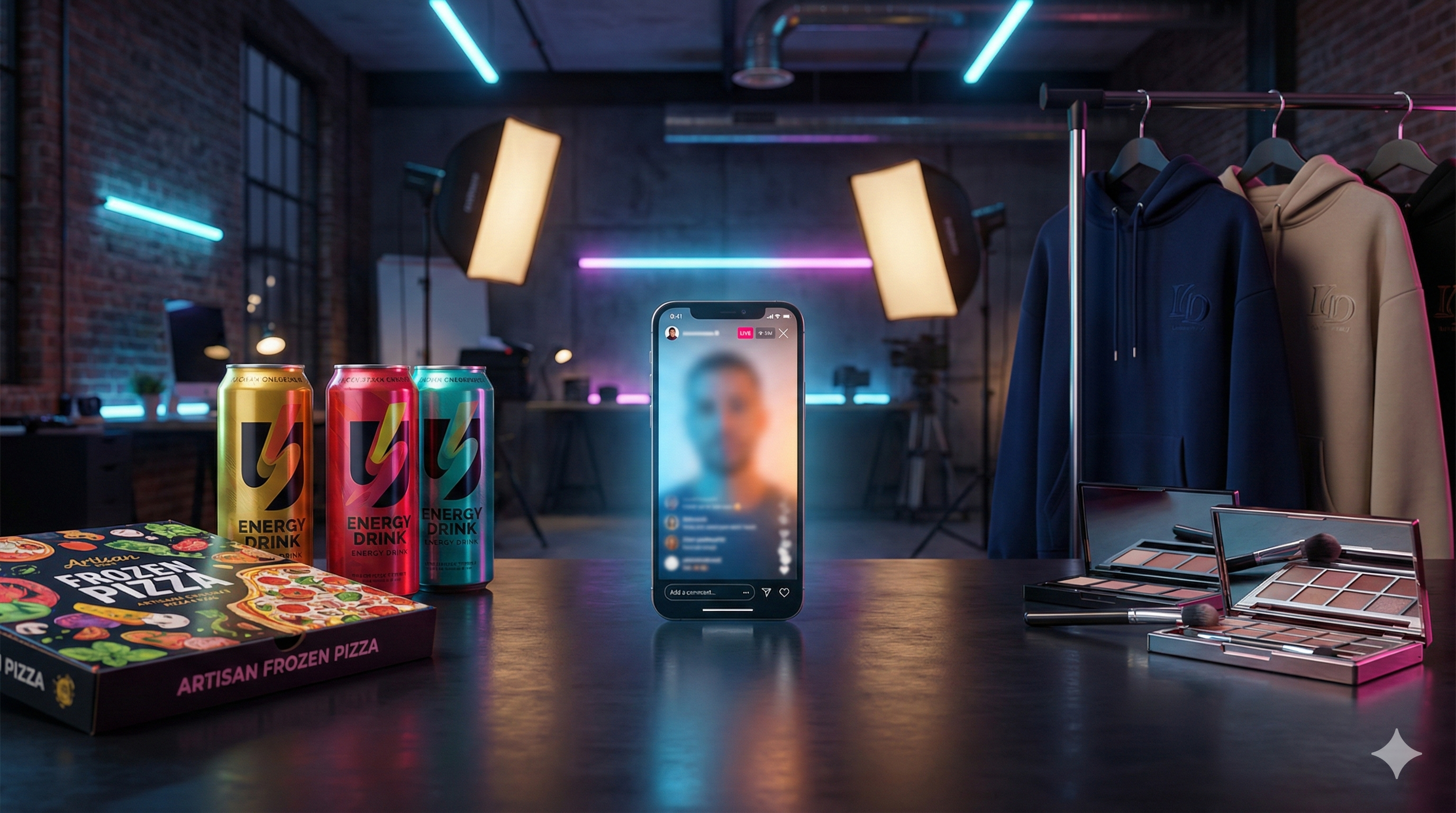 Zdjęcie przedstawiające kulisy polskiego influencer commerce, z produktami takimi jak pizza Kizo i kosmetyki Wersow.